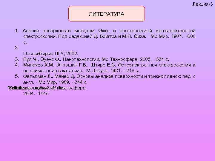 Лекция-3 ЛИТЕРАТУРА 1. Анализ поверхности методом Оже- и рентгеновской фотоэлектронной спектроскопии. Под редакцией Д.