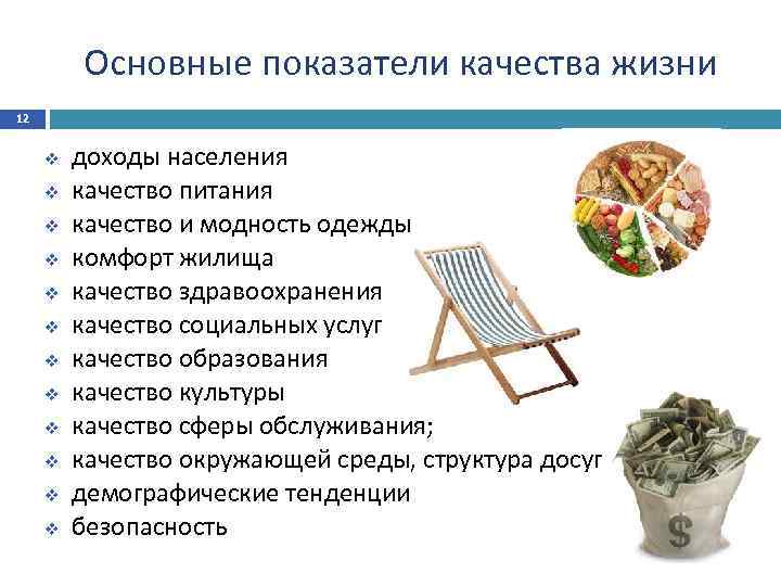 Основные показатели качества жизни 12 v v v доходы населения качество питания качество и