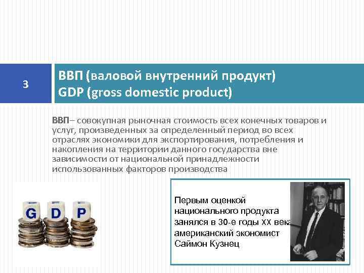 3 ВВП (валовой внутренний продукт) GDP (gross domestic product) ВВП– совокупная рыночная стоимость всех