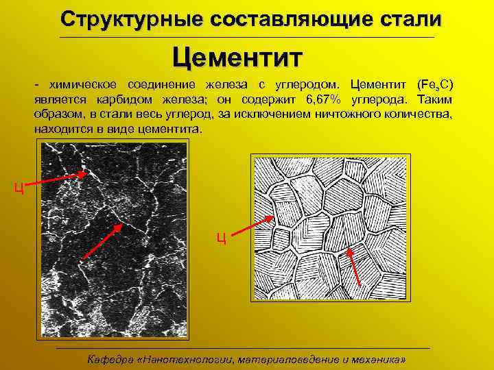 Структурные составляющие стали Цементит - химическое соединение железа с углеродом. Цементит (Fез. С) является