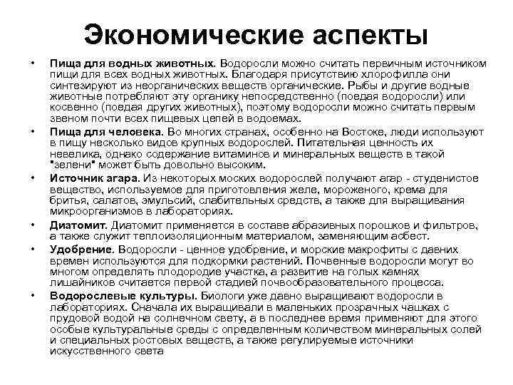 Экономические аспекты • • • Пища для водных животных. Водоросли можно считать первичным источником