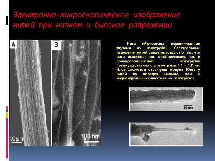 Электронно-микроскопическое изображение нитей при низком и высоком разрешении Нити образованы параллельными жгутами из нанотрубок.