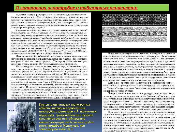 О заполнении нанотрубок и тубулярных наносистем Изучение магнитных и транспортных свойств углеродных одностенных нанотрубок