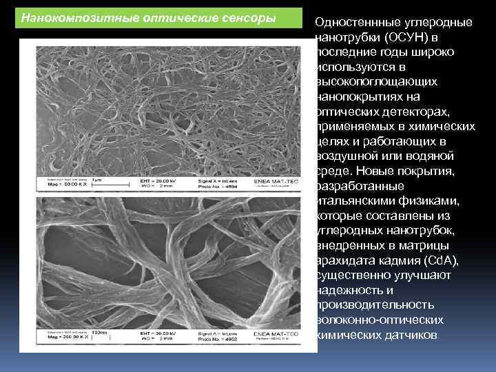 Нанокомпозитные оптические сенсоры Одностеннные углеродные нанотрубки (ОСУН) в последние годы широко используются в высокопоглощающих