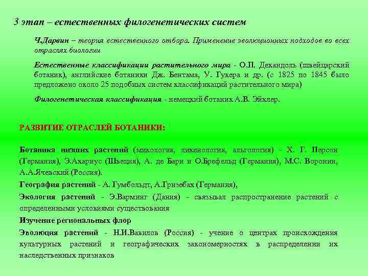 3 этап – естественных филогенетических систем Ч. Дарвин – теория естественного отбора. Применение эволюционных