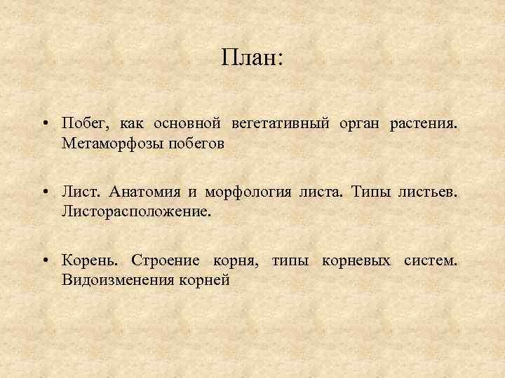 План: • Побег, как основной вегетативный орган растения. Метаморфозы побегов • Лист. Анатомия и