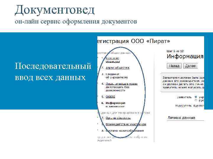 Документовед он-лайн сервис оформления документов Последовательный ввод всех данных 