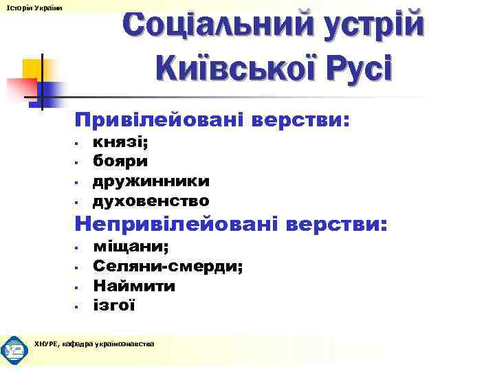 Соціальний устрій Київської Русі Історія України Привілейовані верстви: § § князі; бояри дружинники духовенство