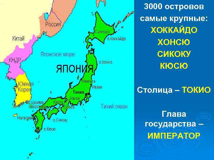 3000 островов самые крупные: ХОККАЙДО ХОНСЮ СИКОКУ КЮСЮ Столица – ТОКИО Глава государства –