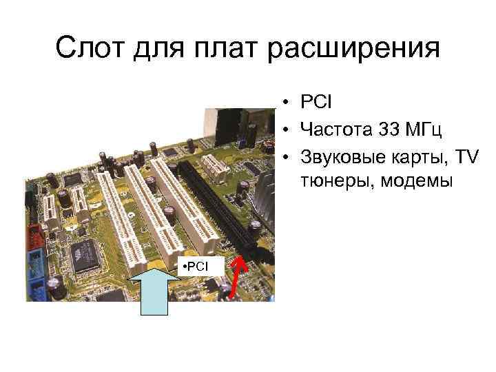 Слот для плат расширения • PCI • Частота 33 МГц • Звуковые карты, TV