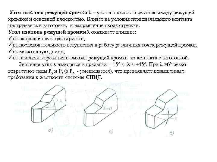 Угол наклона режущей кромки λ – угол в плоскости резания между режущей кромкой и