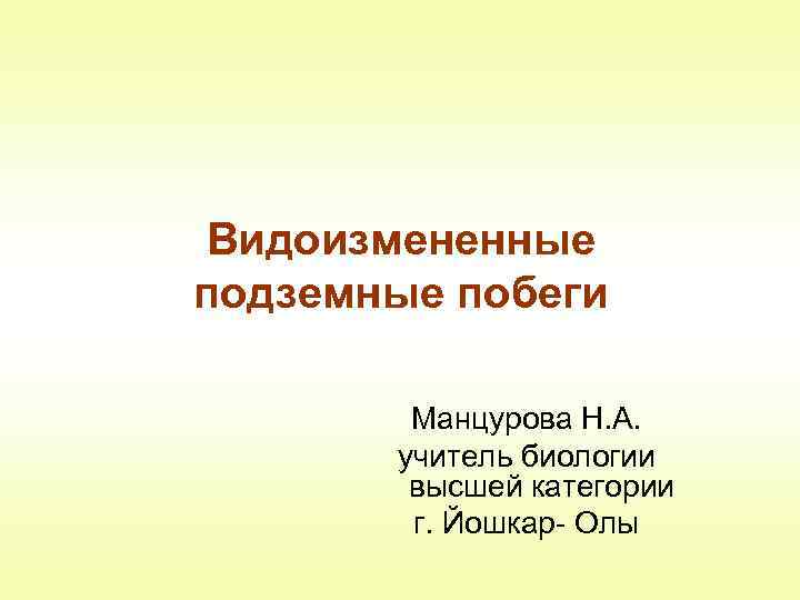 Видоизмененные подземные побеги Манцурова Н. А. учитель биологии высшей категории г. Йошкар- Олы 