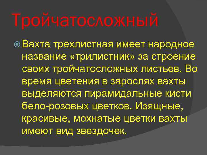 Тройчатосложный Вахта трехлистная имеет народное название «трилистник» за строение своих тройчатосложных листьев. Во время