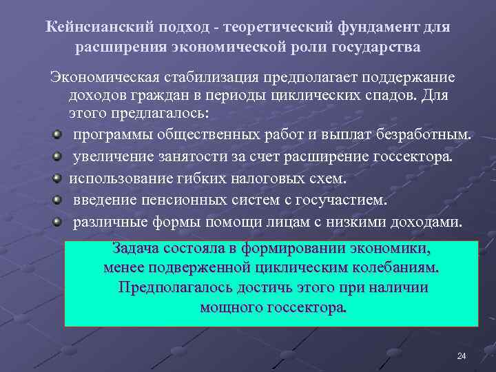 Кейнсианский подход - теоретический фундамент для расширения экономической роли государства Экономическая стабилизация предполагает поддержание