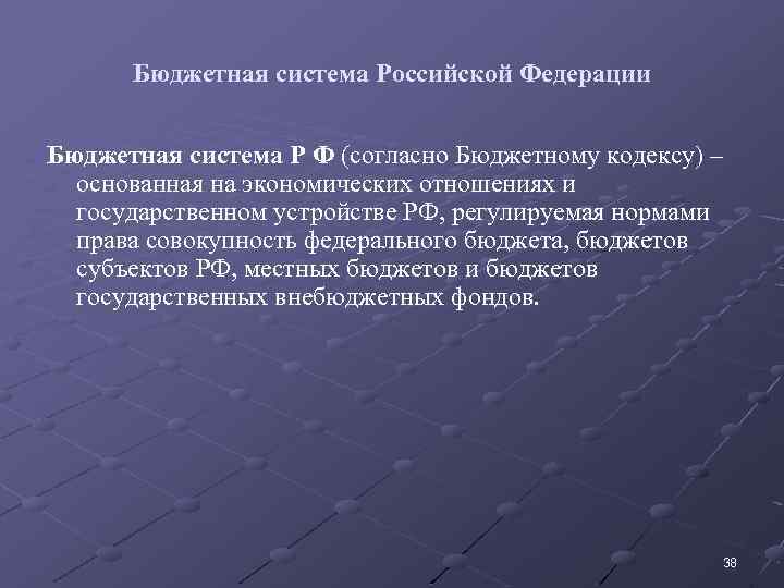 Бюджетная система Российской Федерации Бюджетная система Р Ф (согласно Бюджетному кодексу) – основанная на
