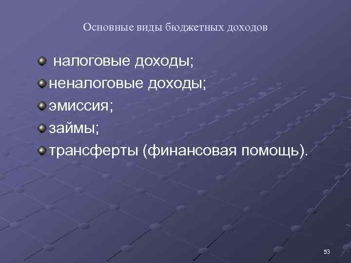Основные виды бюджетных доходов налоговые доходы; неналоговые доходы; эмиссия; займы; трансферты (финансовая помощь). 53