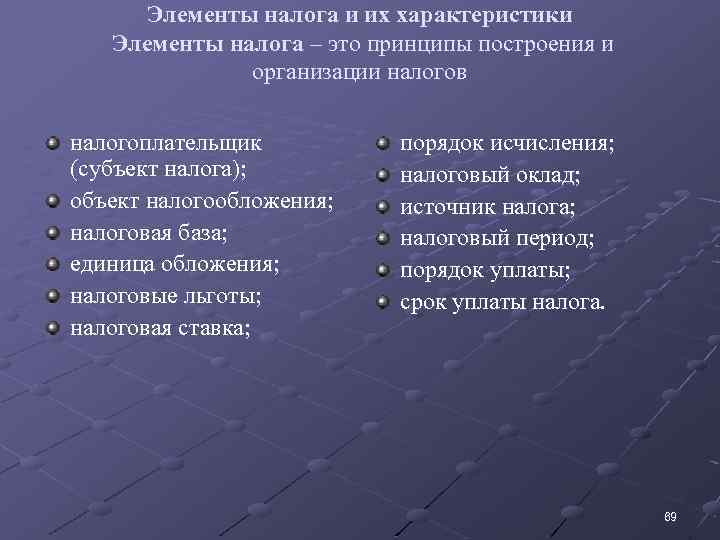 Элементы налога и их характеристики Элементы налога – это принципы построения и организации налогов