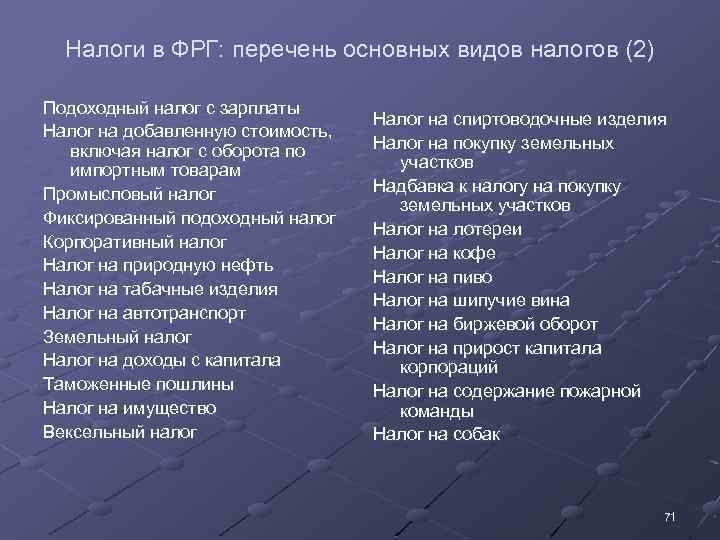 Налоги в ФРГ: перечень основных видов налогов (2) Подоходный налог с зарплаты Налог на