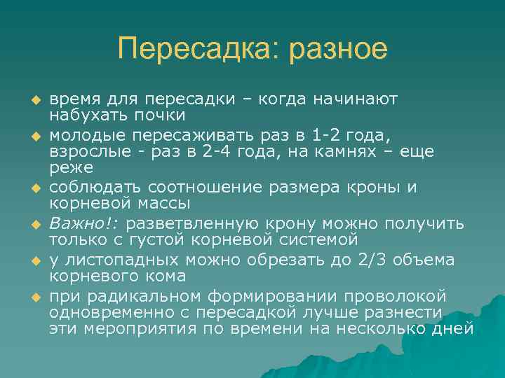 Пересадка: разное u u u время для пересадки – когда начинают набухать почки молодые