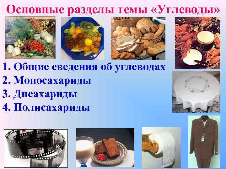Основные разделы темы «Углеводы» 1. Общие сведения об углеводах 2. Моносахариды 3. Дисахариды 4.