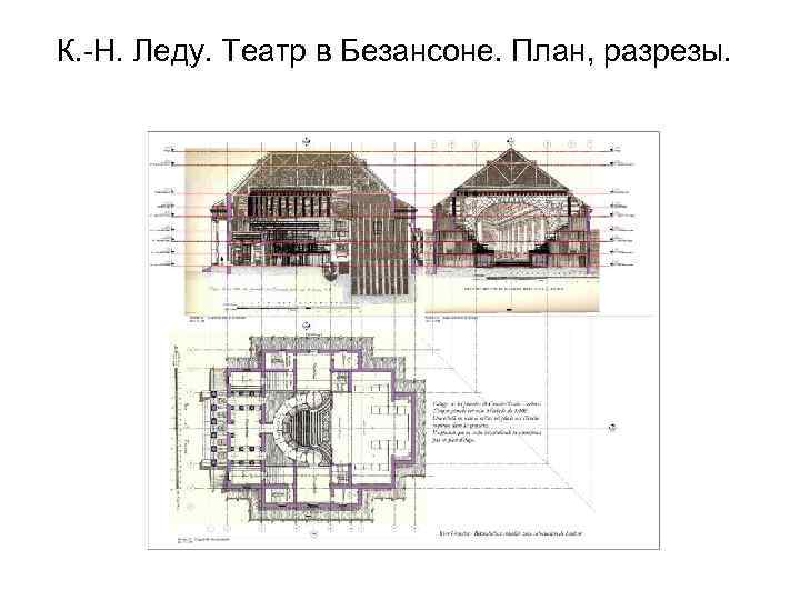 К. -Н. Леду. Театр в Безансоне. План, разрезы. 