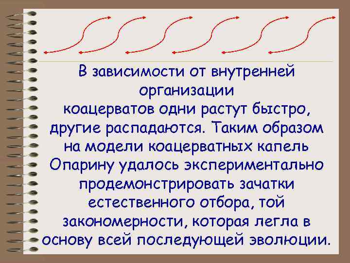 В зависимости от внутренней организации коацерватов одни растут быстро, другие распадаются. Таким образом на