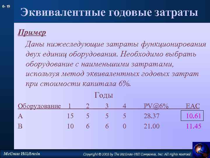 6 - 19 Эквивалентные годовые затраты Пример Даны нижеследующие затраты функционирования двух единиц оборудования.