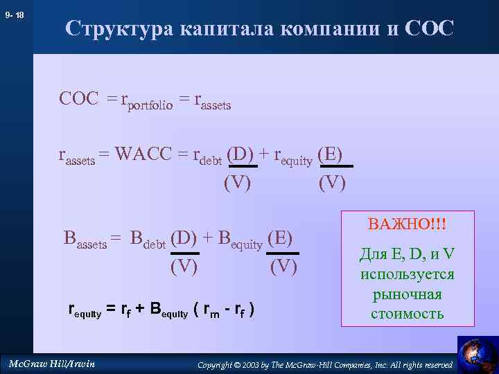 9 - 18 Структура капитала компании и COC = rportfolio = rassets = WACC