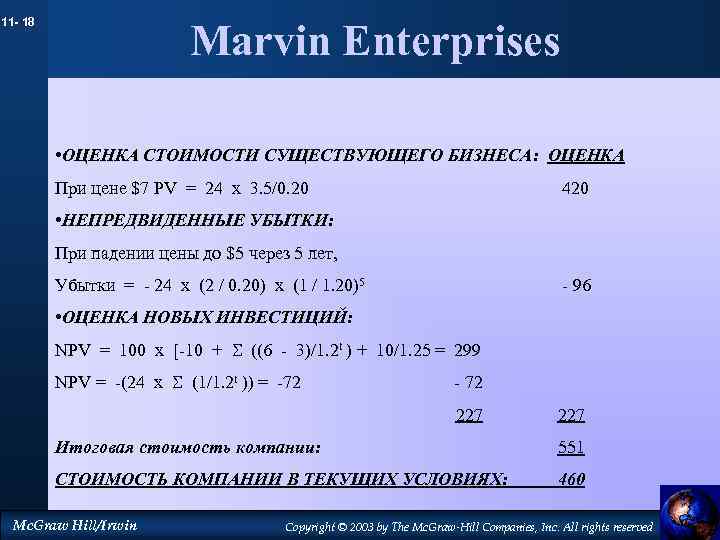 11 - 18 Marvin Enterprises • ОЦЕНКА СТОИМОСТИ СУЩЕСТВУЮЩЕГО БИЗНЕСА: ОЦЕНКА При цене $7