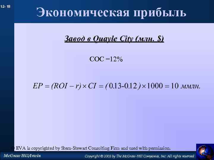 12 - 18 Экономическая прибыль Завод в Quayle City (млн. $) COC =12% ©