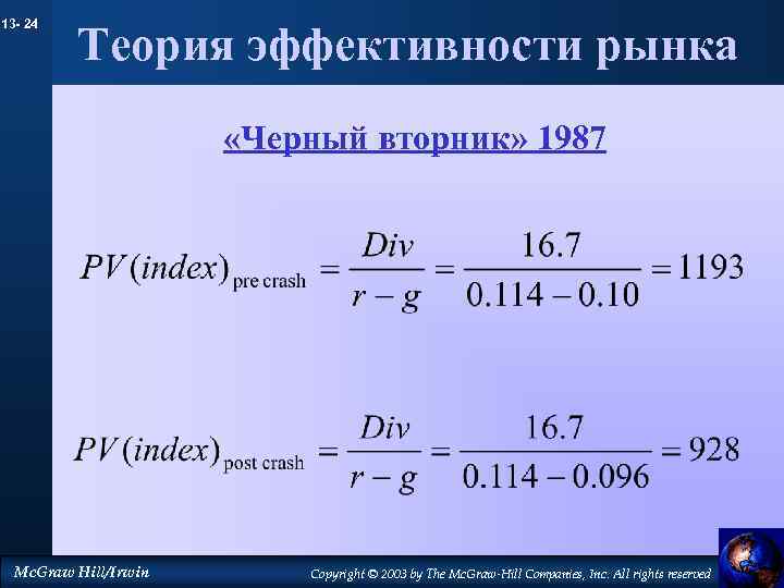 13 - 24 Теория эффективности рынка «Черный вторник» 1987 Mc. Graw Hill/Irwin Copyright ©