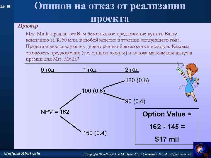 22 - 10 Опцион на отказ от реализации проекта Пример Mrs. Mulla предлагает Вам