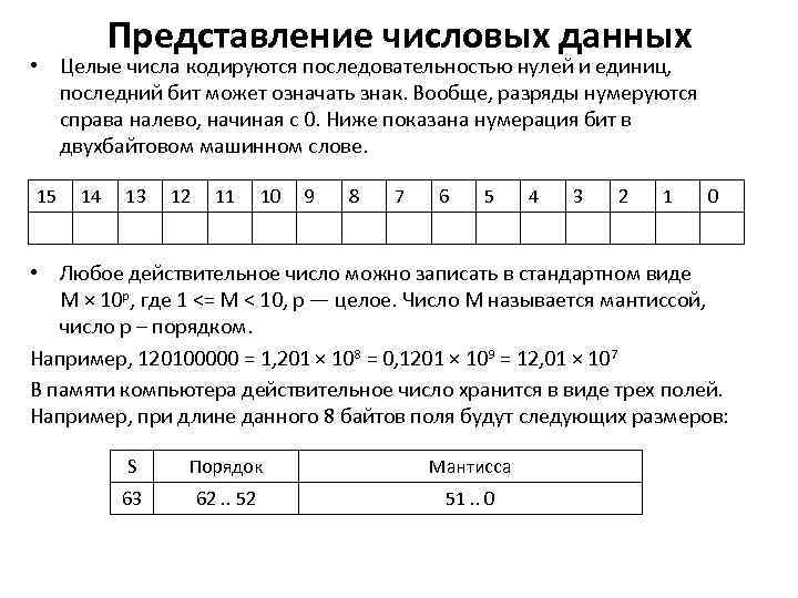 Представление числовых данных • Целые числа кодируются последовательностью нулей и единиц, последний бит может