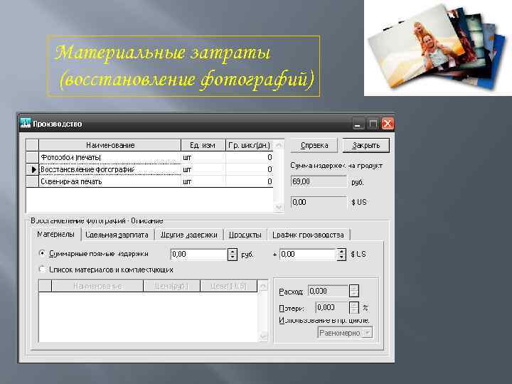 Материальные затраты (восстановление фотографий) 