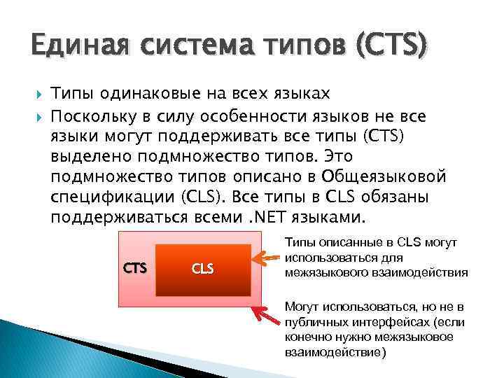 Единая система типов (CTS) Типы одинаковые на всех языках Поскольку в силу особенности языков