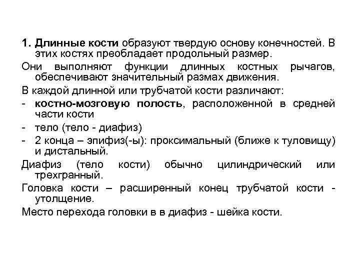 1. Длинные кости образуют твердую основу конечностей. В этих костях преобладает продольный размер. Они