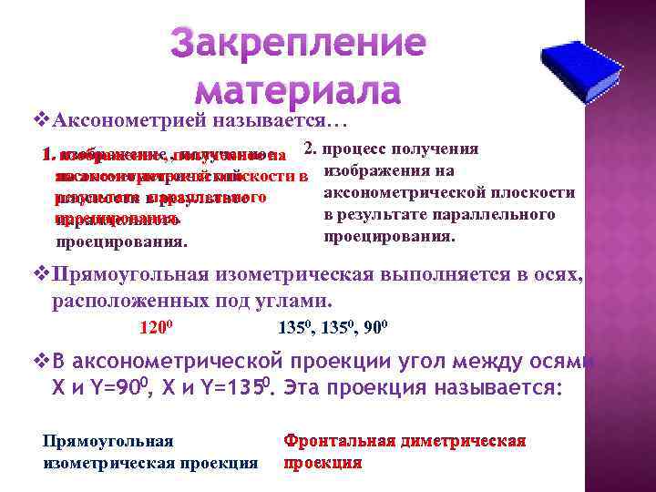 Закрепление материала v. Аксонометрией называется… 1. изображение , , полученное на 2. процесс получения