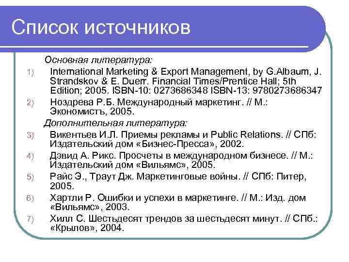 Список источников 1) 2) 3) 4) 5) 6) 7) Основная литература: International Marketing &