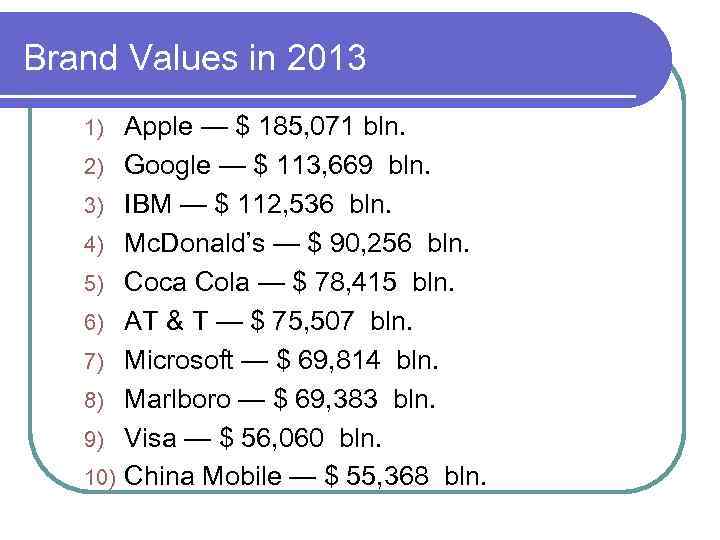Brand Values in 2013 1) 2) 3) 4) 5) 6) 7) 8) 9) 10)
