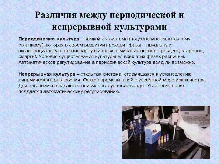 Различия между периодической и непрерывной культурами Периодическая культура – замкнутая система (подобно многоклеточному организму),