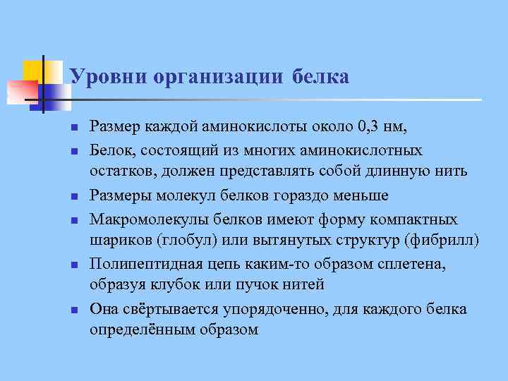 Уровни организации белка n n n Размер каждой аминокислоты около 0, 3 нм, Белок,