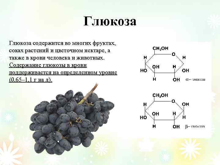 Глюкоза содержится во многих фруктах, соках растений и цветочном нектаре, а также в крови
