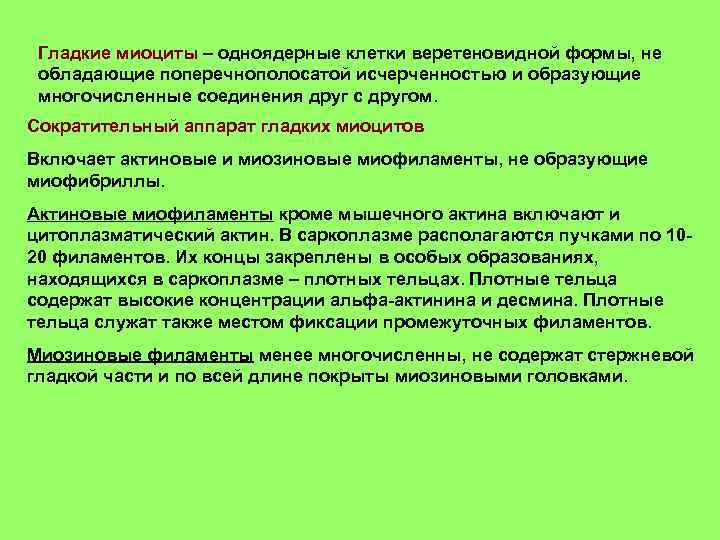 Гладкие миоциты – одноядерные клетки веретеновидной формы, не обладающие поперечнополосатой исчерченностью и образующие многочисленные