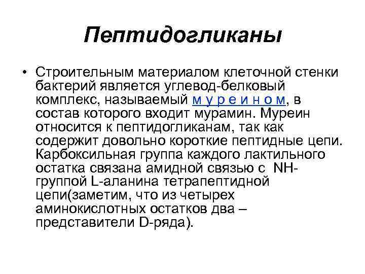 Пептидогликаны • Строительным материалом клеточной стенки бактерий является углевод-белковый комплекс, называемый м у р