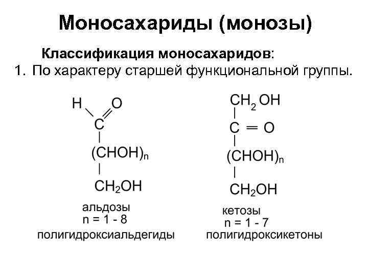 Моносахариды (монозы) Классификация моносахаридов: 1. По характеру старшей функциональной группы. 