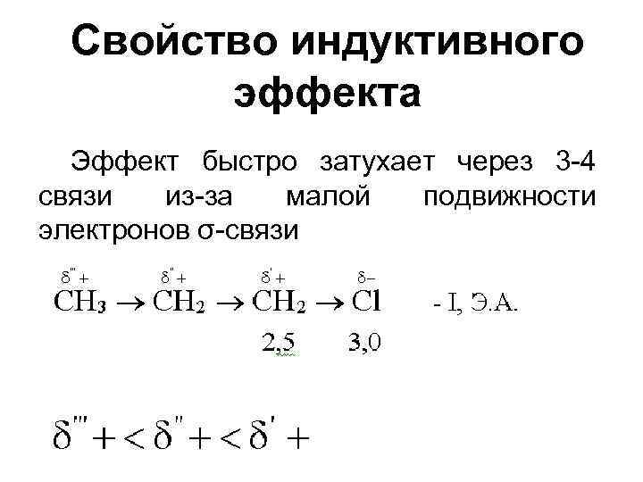 Свойство индуктивного эффекта Эффект быстро затухает через 3 -4 связи из-за малой подвижности электронов