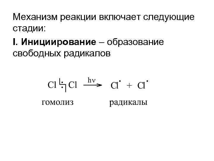 Механизм реакции включает следующие стадии: I. Инициирование – образование свободных радикалов 
