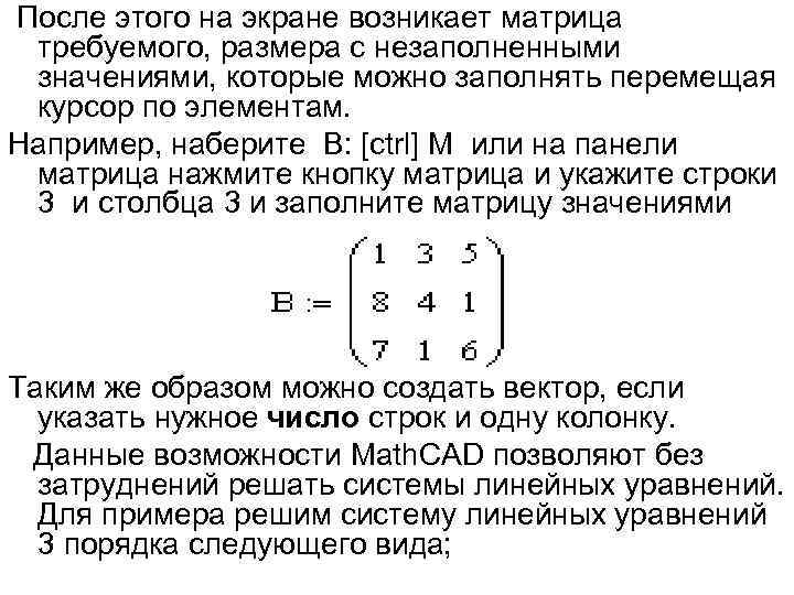 После этого на экране возникает матрица требуемого, размера с незаполненными значениями, которые можно заполнять