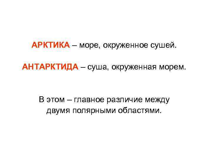 АРКТИКА – море, окруженное сушей. АНТАРКТИДА – суша, окруженная морем. В этом – главное