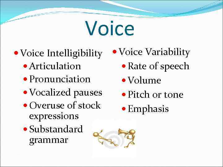 Voice Intelligibility Voice Variability Rate of speech Articulation Pronunciation Volume Vocalized pauses Pitch or